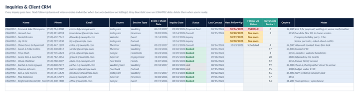 Inquiries CRM: each inquiry with source, session type, shoot date, status, next follow-up, and follow-up status flagged when overdue.