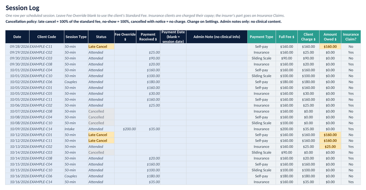 Session Log: date, client code, session type, attendance status, fee, payment received and amount owed.